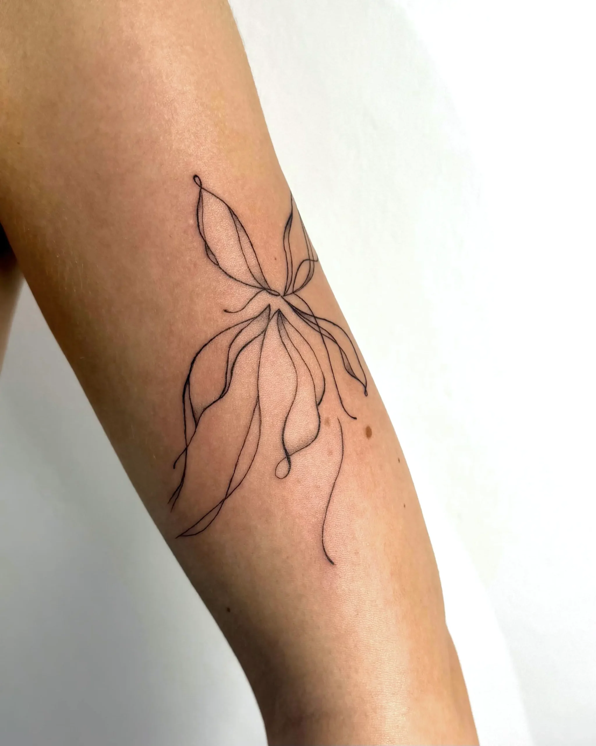 Abstract fine line butterfly-inspired tattoo with flowing organic lines - Walk In Tattoo Budapest